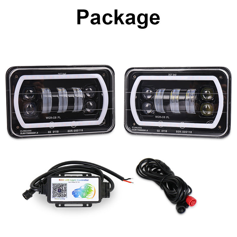 OVOVS Truck 4x6 Inch Bluetooth App Control RGB DRL Halo Square Headlight
