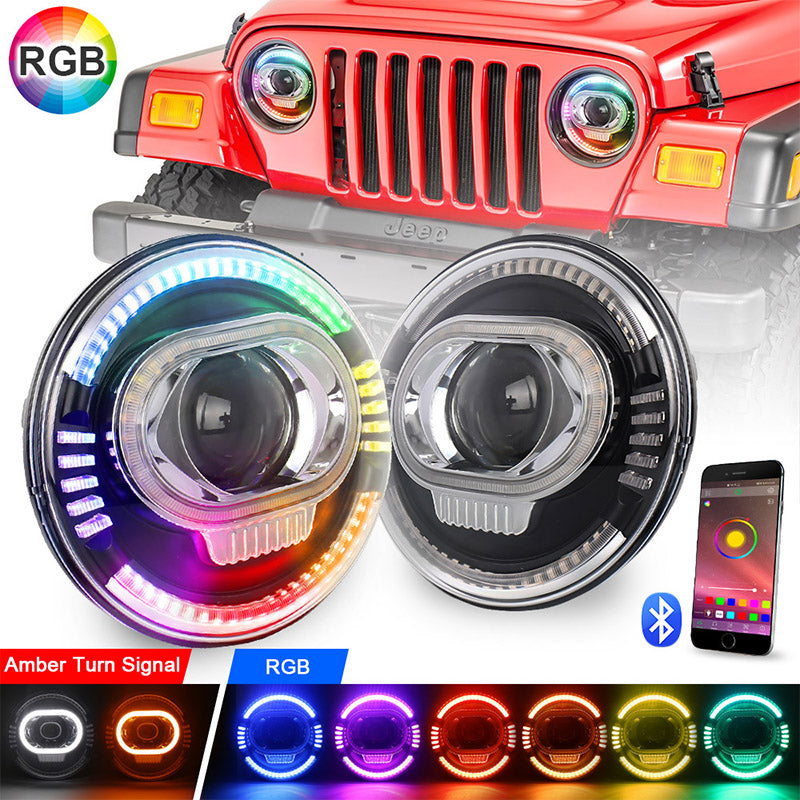 OVOVS 7 Inch LED RGB Headlight With High Low Beam DRL Turn Signal Bluetooth Control For Jeep Wrangler JK