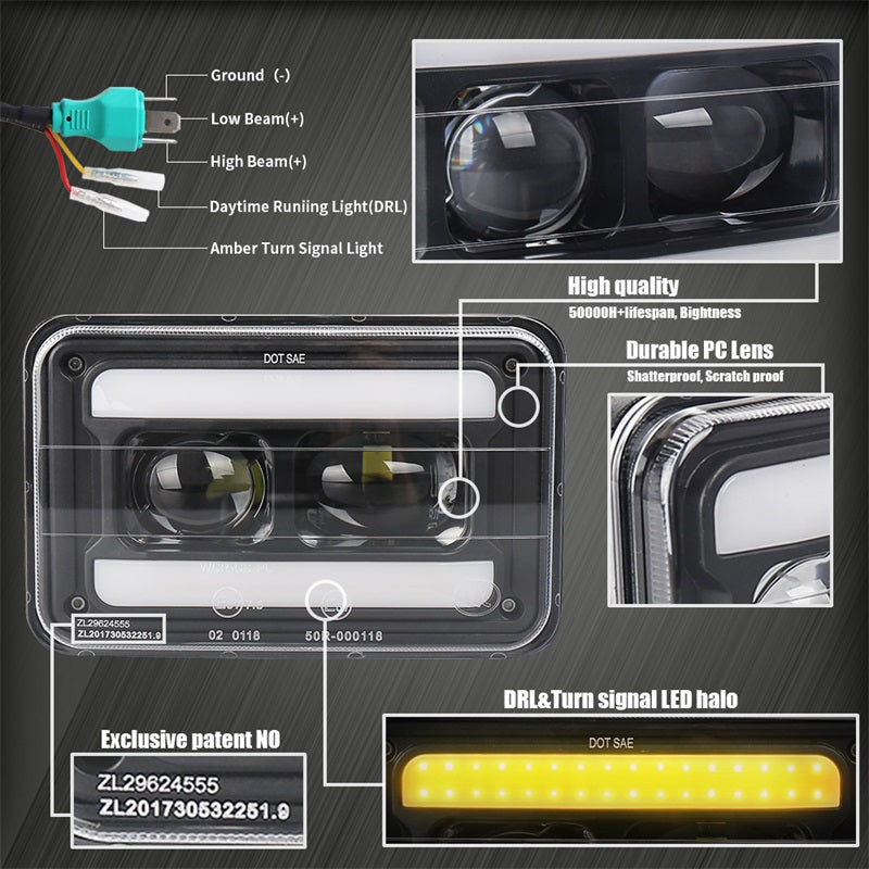 OVOVS 4x6 Led Headlights with Hi/Low Beam White DRL Amber Turn Signal Light