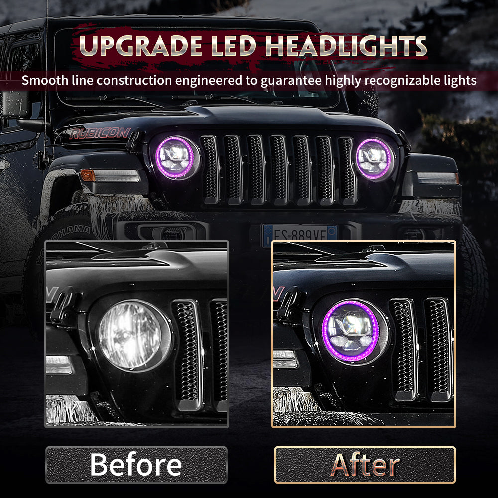 OVOVS Auto 9 Inch LED Headlight With RGB Halo DRL High Low Beam For Jeep Wrangler JL