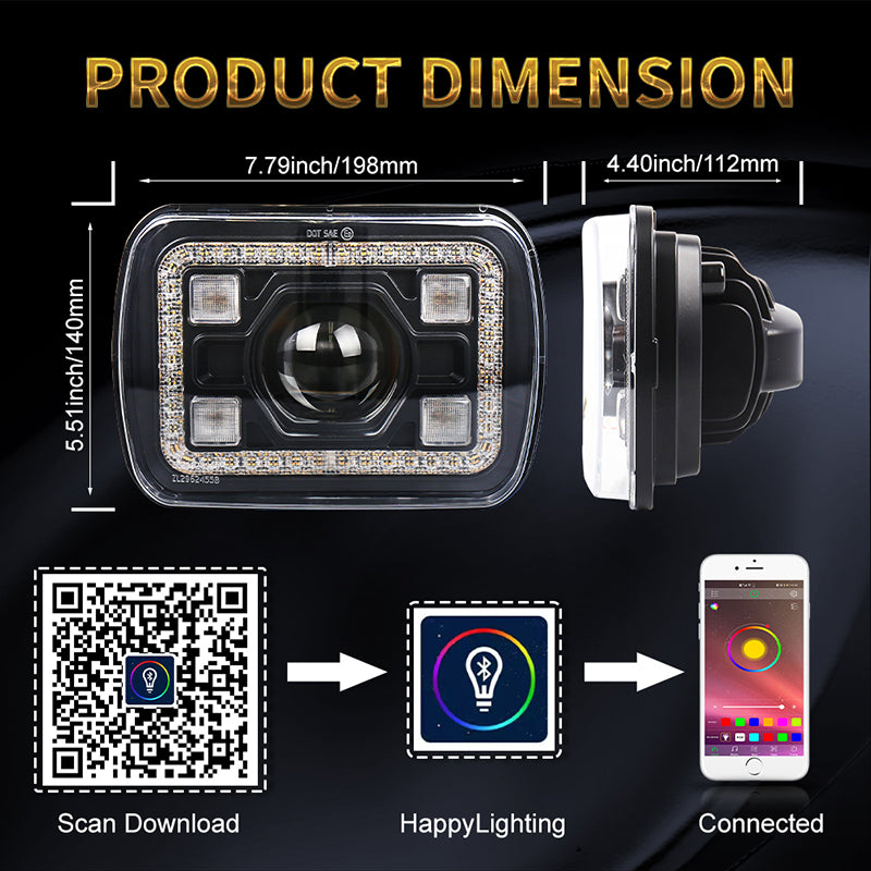 OVOVS 5x7 7x6 RGB Halo LED Headlights with Bluetooth Control RGB Halo Turn Signal