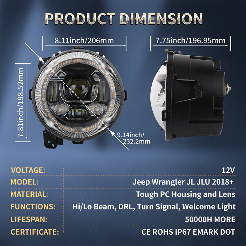 OVOVS JL 9 Inch LED Headlight With High Low Beam Welcome Light
