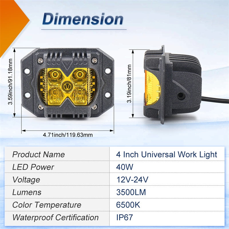 OVOVS Yellow Lens Flush Mount Led Work Light Pods with Solid/Strobe Side Shooter