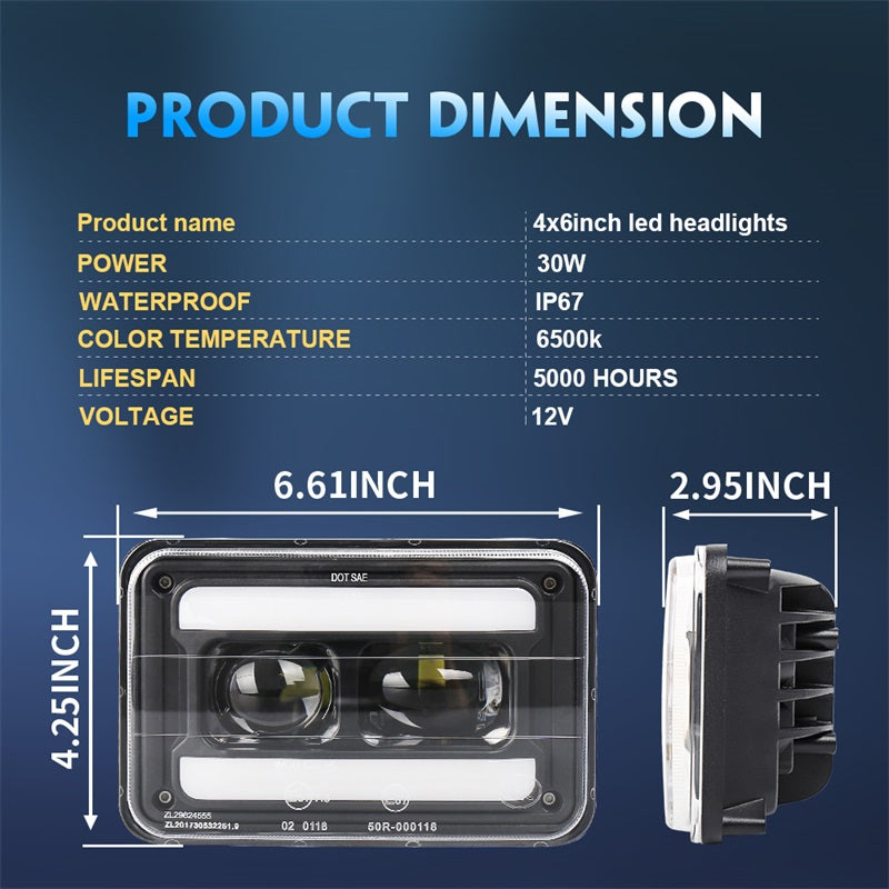 OVOVS 4x6 Led Headlights with Hi/Low Beam White DRL Amber Turn Signal Light
