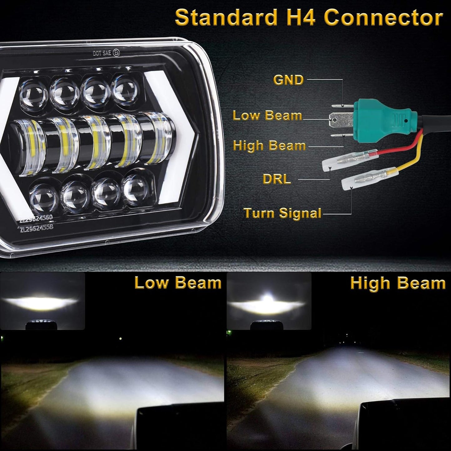 OVOVS 5x7 Inch LED Headlight with Arrow DRL Turn Signal Light Replace H6054 H5054 For Trucks Jeep XJ YJ Sedans GMC