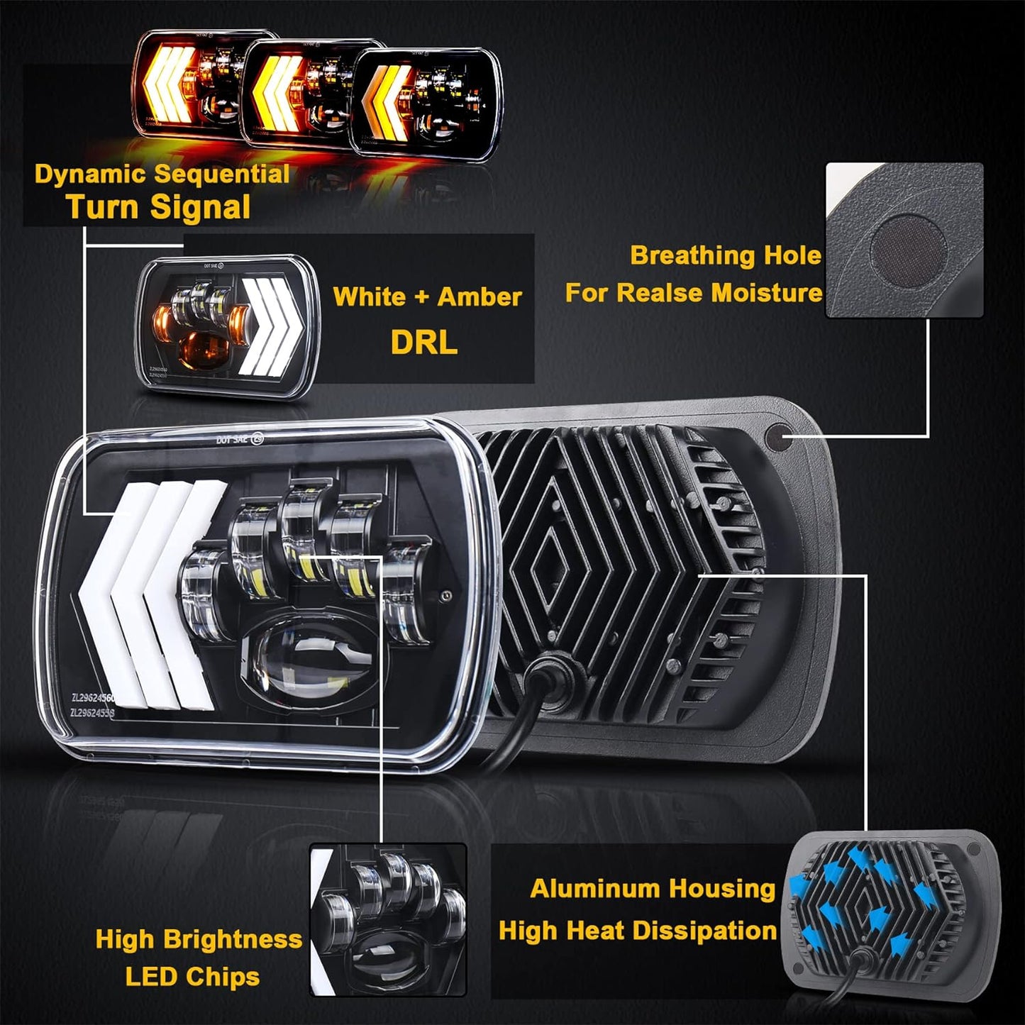 OVOVS 55W Square 5x7 inch Headlights with Arrow DRL Sequential Turn Signal for Wrangler YJ XJ Toyota GMC Trucks