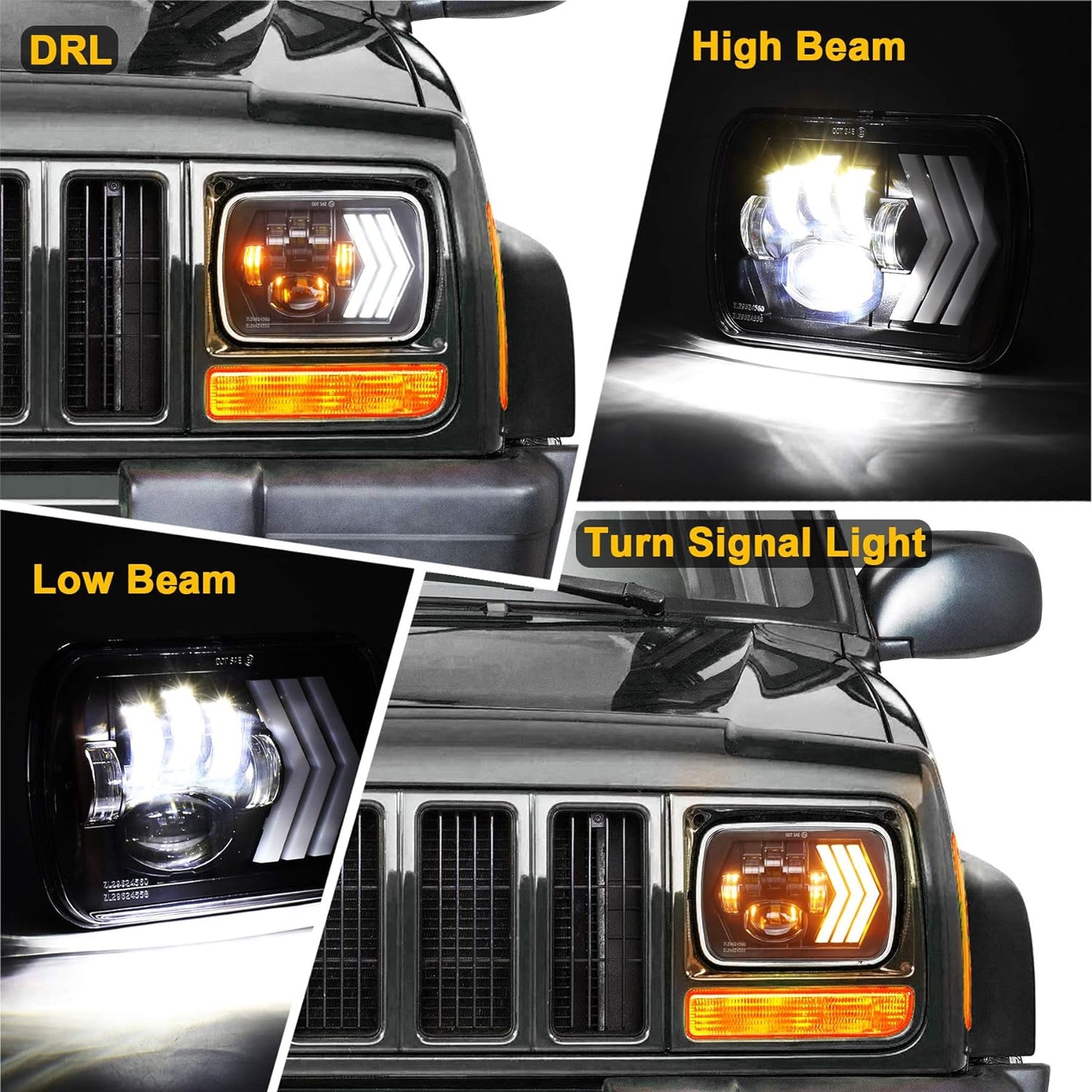 OVOVS 55W Square 5x7 inch Headlights with Arrow DRL Sequential Turn Signal for Wrangler YJ XJ Toyota GMC Trucks
