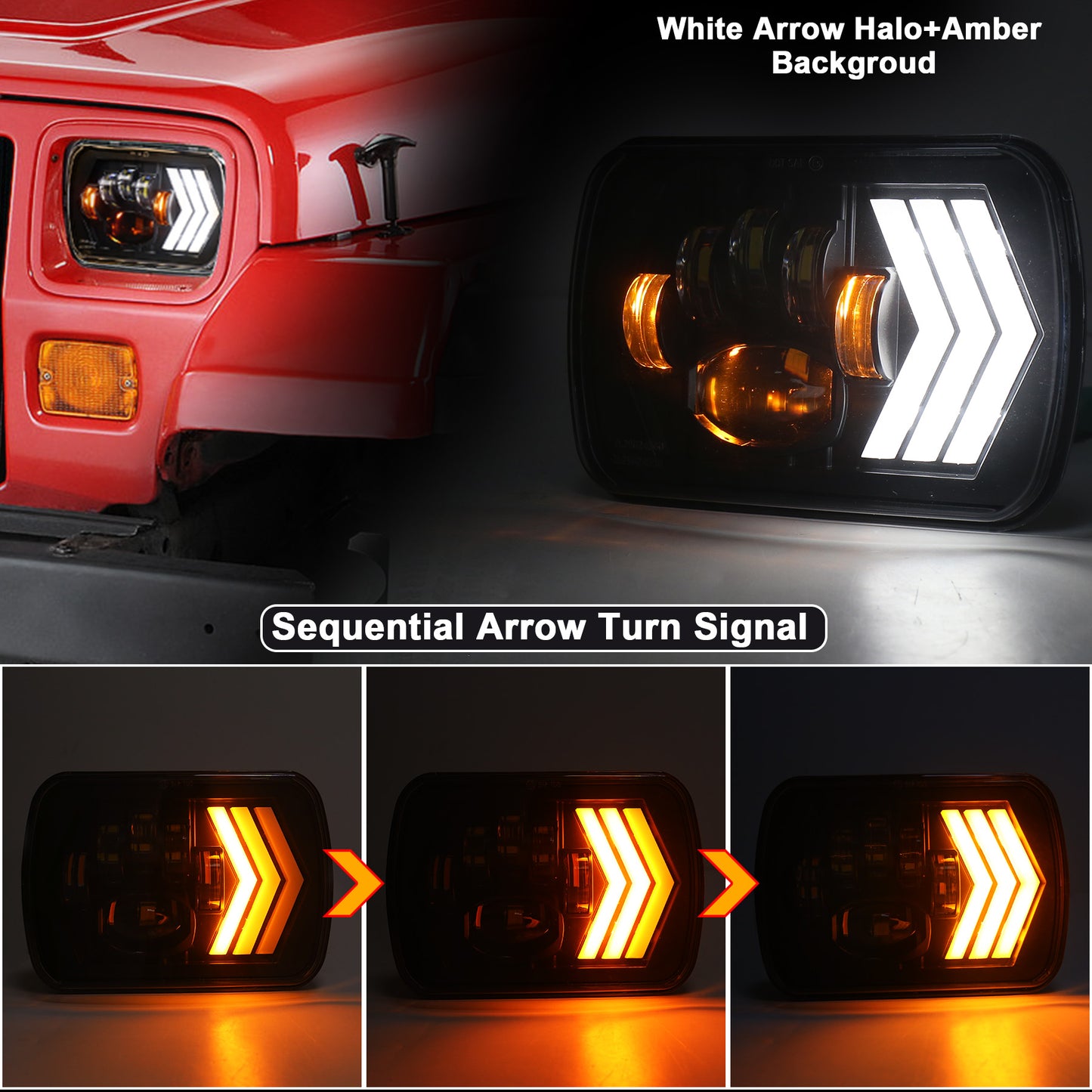 OVOVS 55W Square 5x7 inch Headlights with Arrow DRL Sequential Turn Signal for Wrangler YJ XJ Toyota GMC Trucks