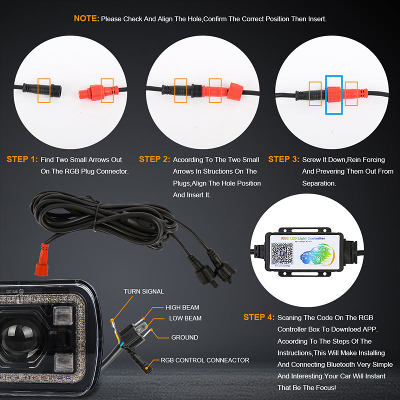 OVOVS 5x7 7x6 RGB Halo LED Headlights with Bluetooth Control RGB Halo Turn Signal