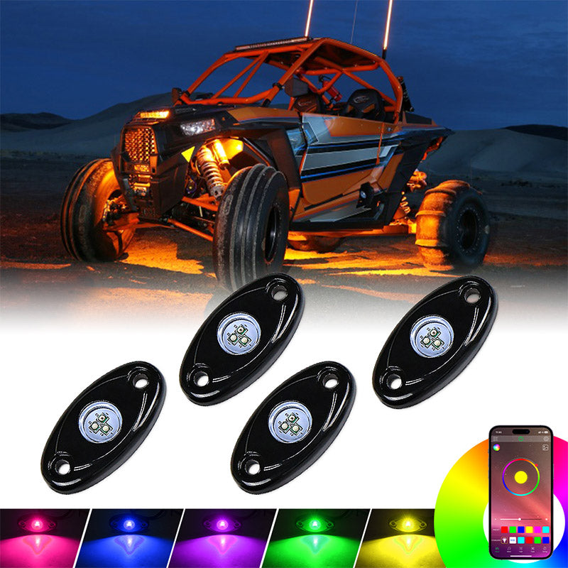 OVOVS 4 Pods Multicolor Rock Lights with Bluetooth APP Control RGB for Truck UTV SUV ATV