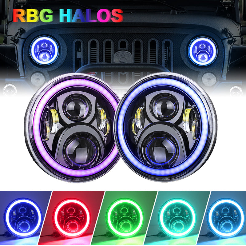 OVOVS 7 Inch RGB Headlights With Bluetooth Control RGB DRL For 2007-2017 Jeep Wrangler