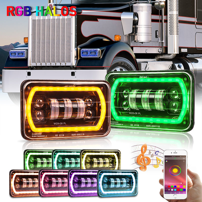 OVOVS Truck 4x6 Inch Bluetooth App Control RGB DRL Halo Square Headlight