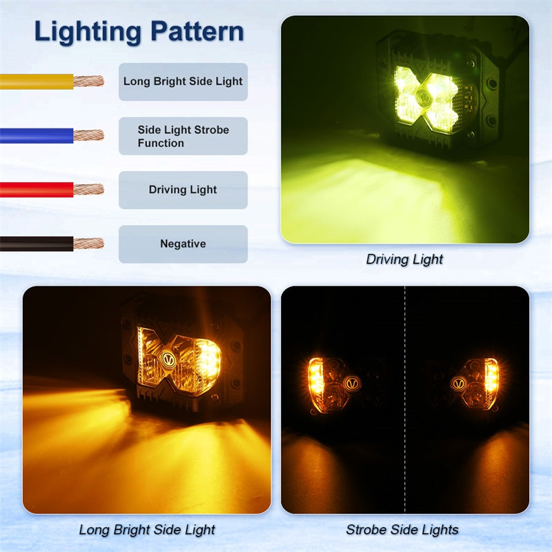 OVOVS Yellow Lens Flush Mount Led Work Light Pods with Solid/Strobe Side Shooter