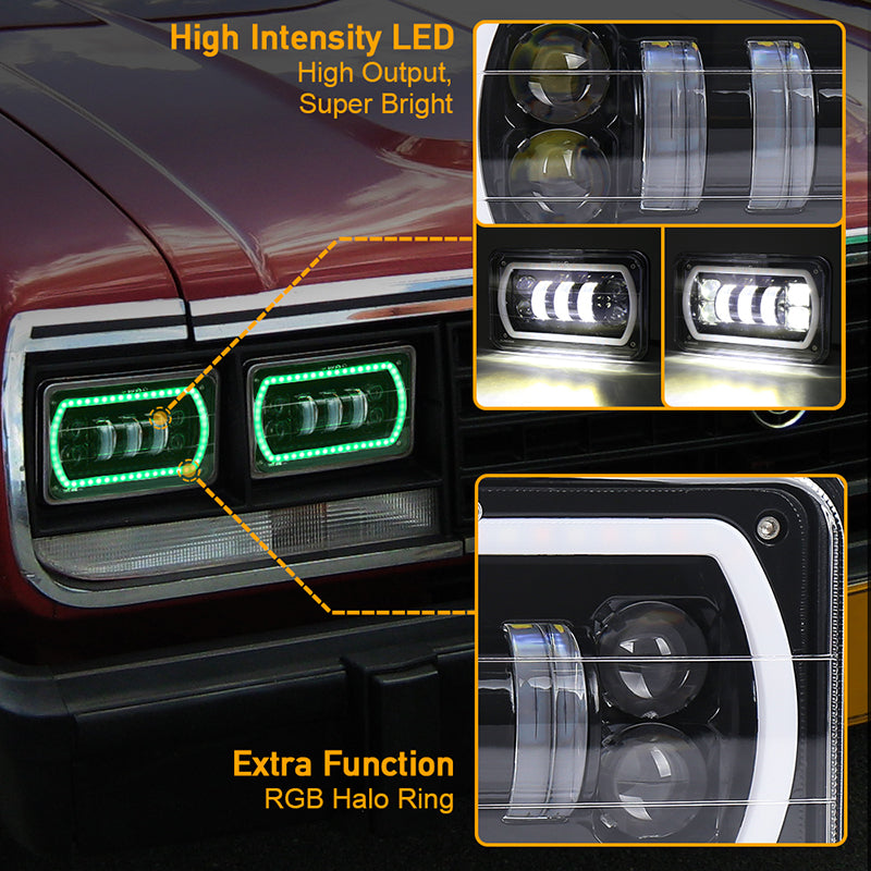 OVOVS Truck 4x6 Inch Bluetooth App Control RGB DRL Halo Square Headlight