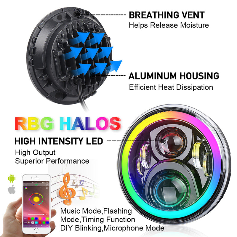 OVOVS 7 Inch RGB Headlights With Bluetooth Control RGB DRL For 2007-2017 Jeep Wrangler