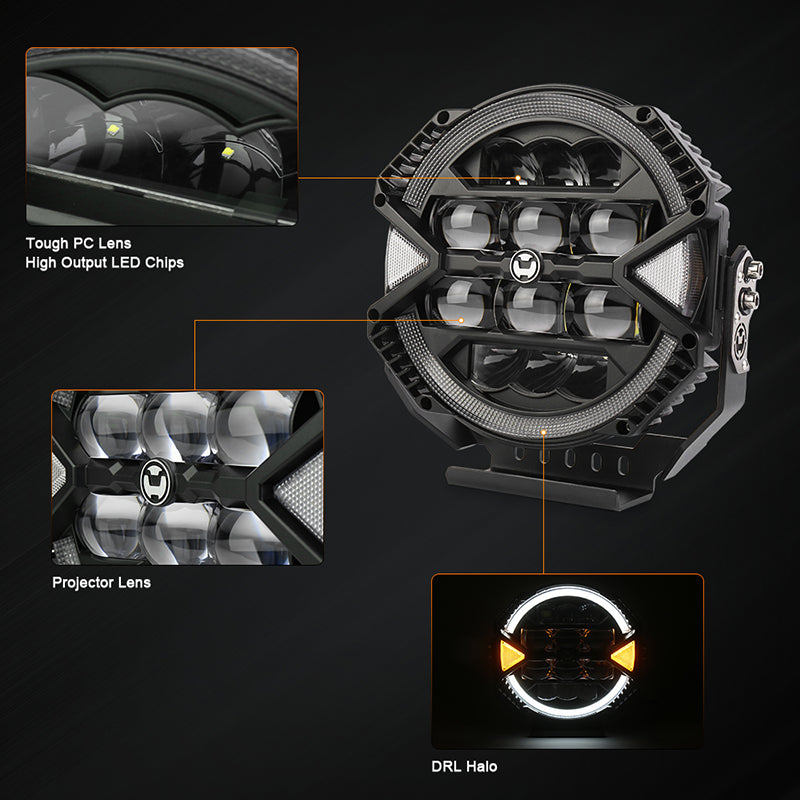 OVOVS 9 Inch LED Off Road Light 13000LM 148W High Low Beam Halo DRL Waterproof for Jeep SUV UTV Pickup
