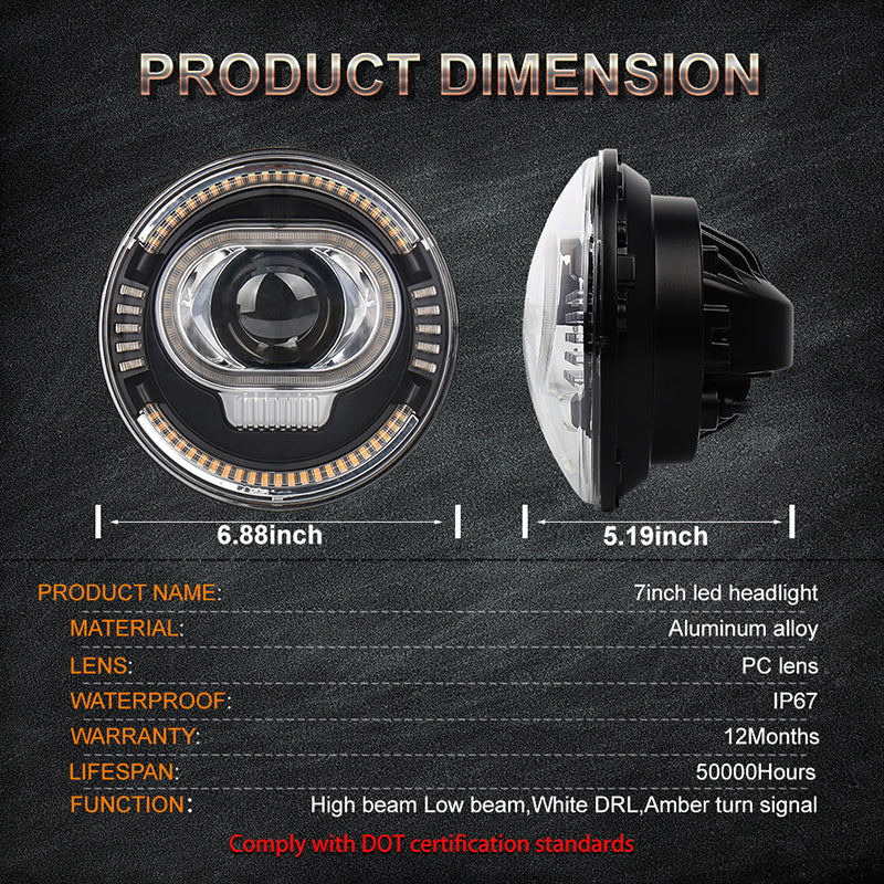OVOVS 7 Inch Round Headlight With High Low Beam DRL Turn Signal Light For Jeep JK