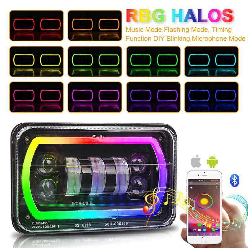 OVOVS Truck 4x6 Inch Bluetooth App Control RGB DRL Halo Square Headlight