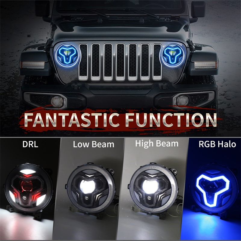 OVOVS 9 inch RGB JL Headlights with Multi-Function Halo White DRL for Jeep Wrangler JL Gladiator JT