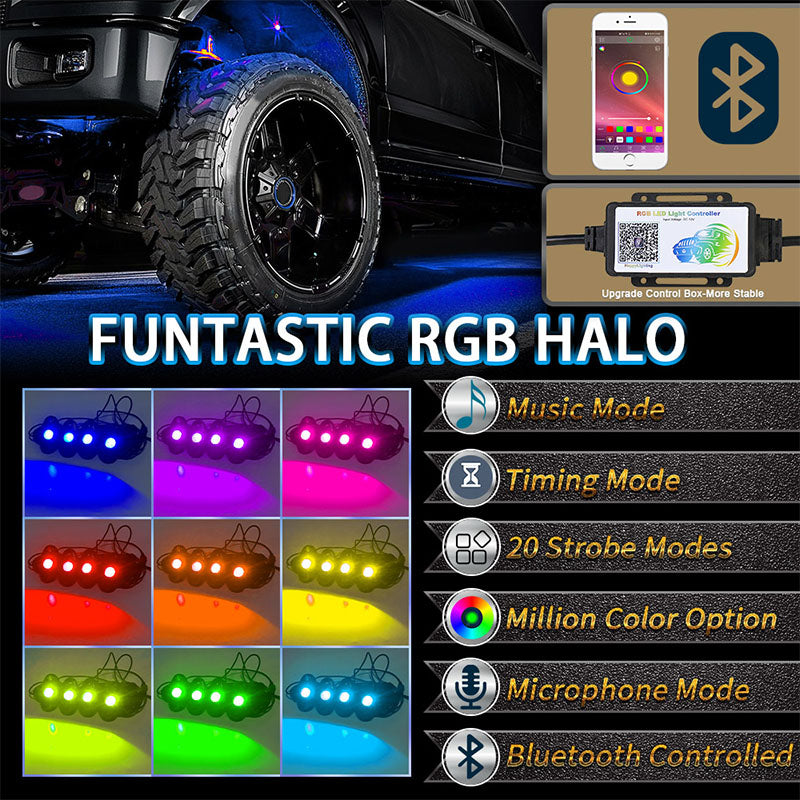 OVOVS 4 Pods Multicolor Rock Lights with Bluetooth APP Control RGB for Truck UTV SUV ATV