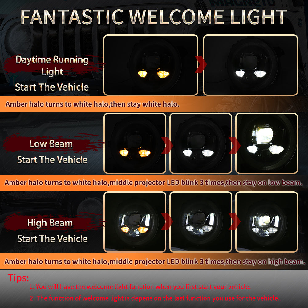 OVOVS Auto 9 Inch LED Headlight With RGB Halo DRL High Low Beam For Jeep Wrangler JL