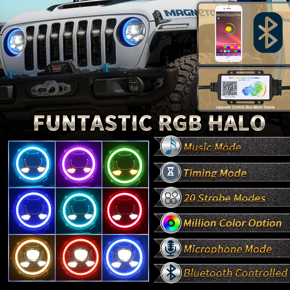 OVOVS Auto 9 Inch LED Headlight With RGB Halo DRL High Low Beam For Jeep Wrangler JL