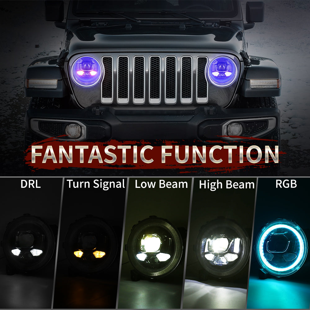 OVOVS Auto 9 Inch LED Headlight With RGB Halo DRL High Low Beam For Jeep Wrangler JL
