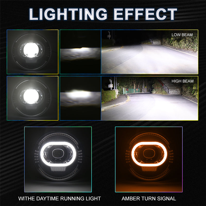 OVOVS 7 Inch LED RGB Headlight With High Low Beam DRL Turn Signal Bluetooth Control For Jeep Wrangler JK