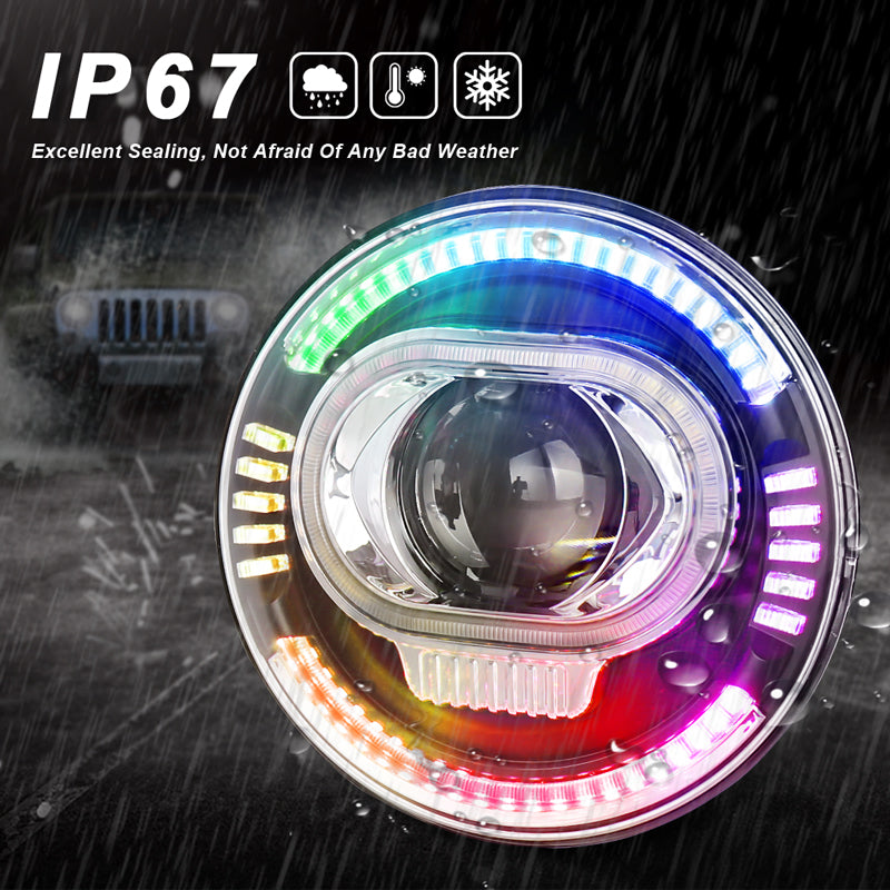 OVOVS 7 Inch LED RGB Headlight With High Low Beam DRL Turn Signal Bluetooth Control For Jeep Wrangler JK