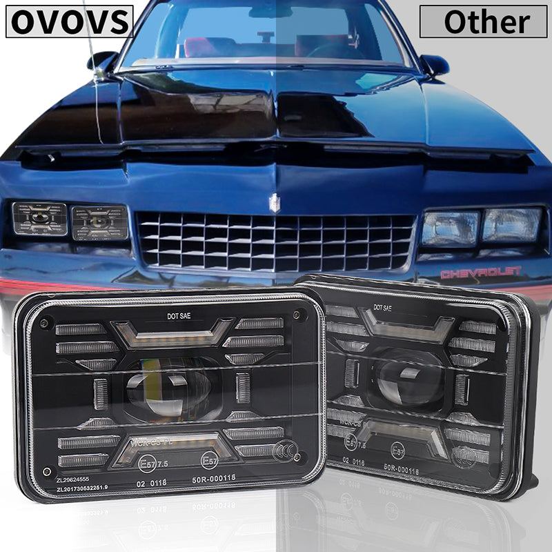 OVOVS 4x6 Inch LED Square Headlight With White/Blue DRL Amber Turn Signal High/Lo Beam