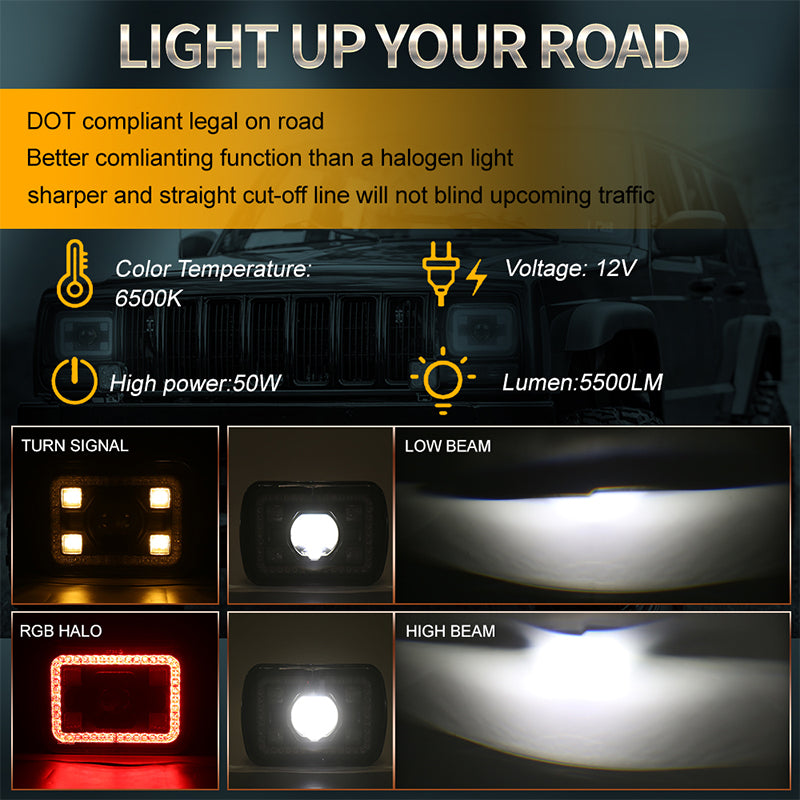 OVOVS 5x7 7x6 RGB Halo LED Headlights with Bluetooth Control RGB Halo Turn Signal