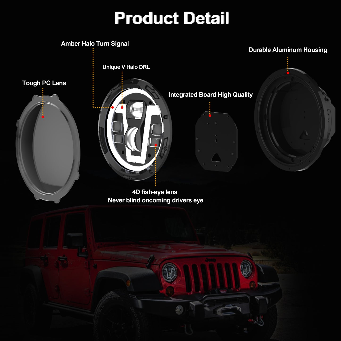 OVOVS 7 Inch V Shape White DRL LED Headlights with Amber Turn Signal For Jeep Wrangler JK TJ CJ LJ