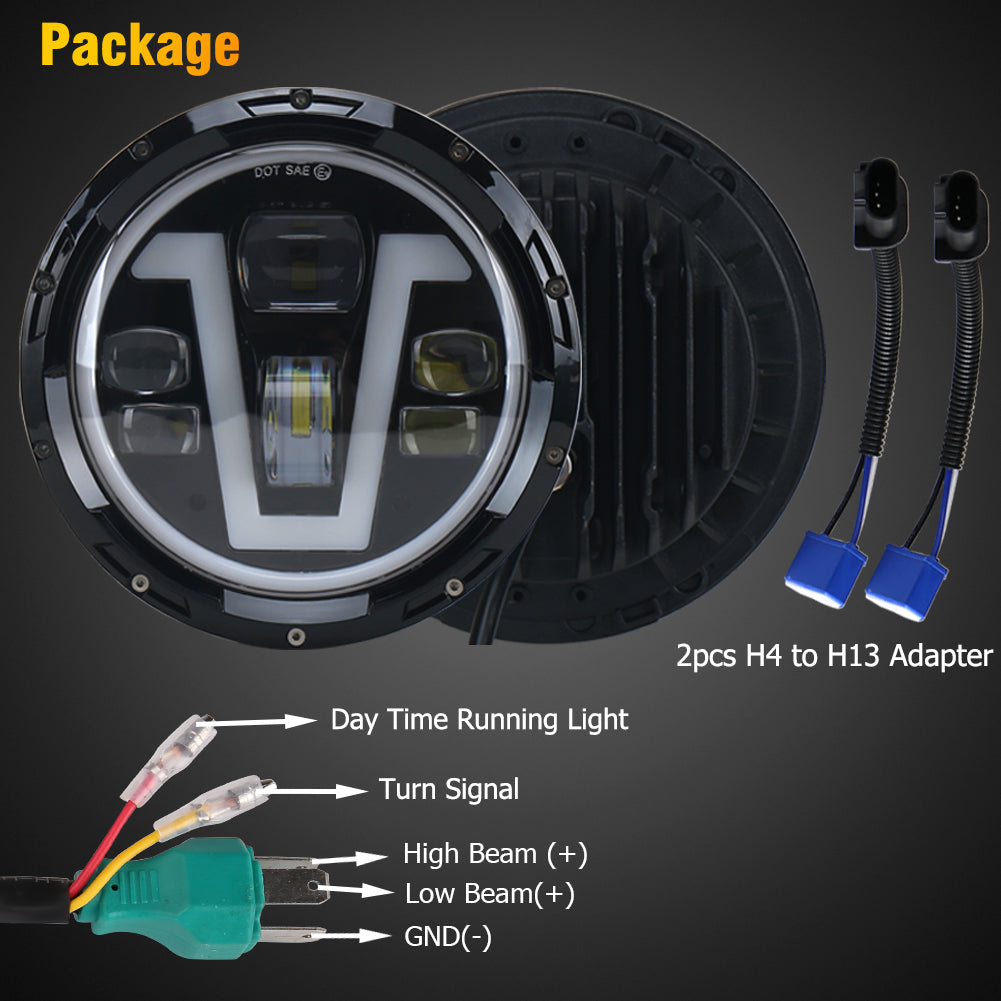 OVOVS 7 Inch V Shape White DRL LED Headlights with Amber Turn Signal For Jeep Wrangler JK TJ CJ LJ