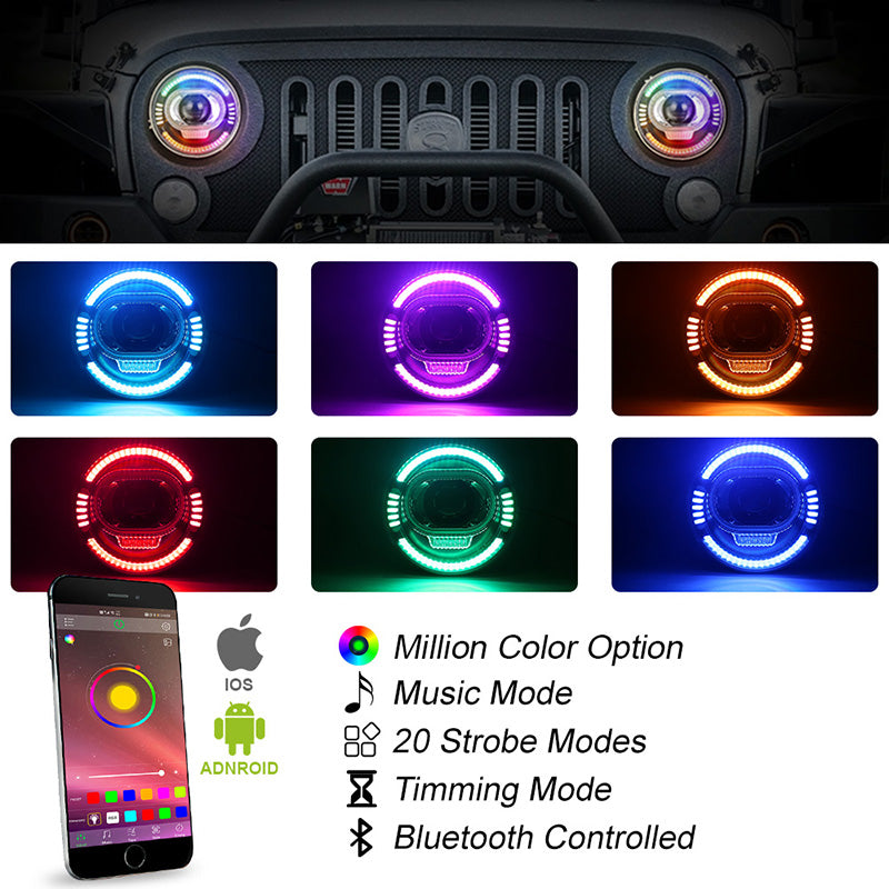 OVOVS 7 Inch LED RGB Headlight With High Low Beam DRL Turn Signal Bluetooth Control For Jeep Wrangler JK