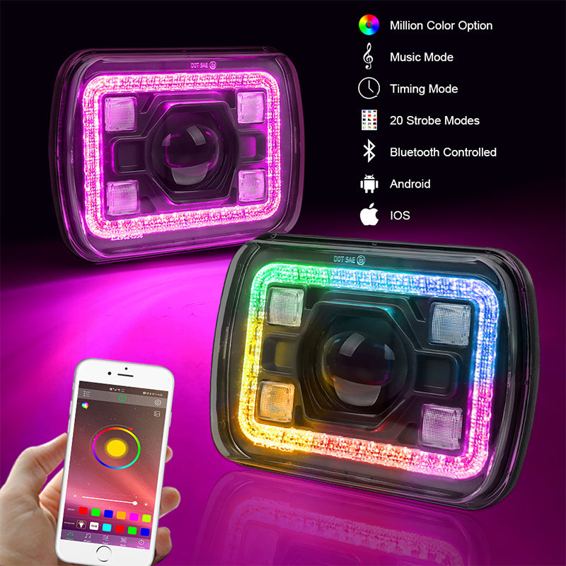 OVOVS 5x7 7x6 RGB Halo LED Headlights with Bluetooth Control RGB Halo Turn Signal