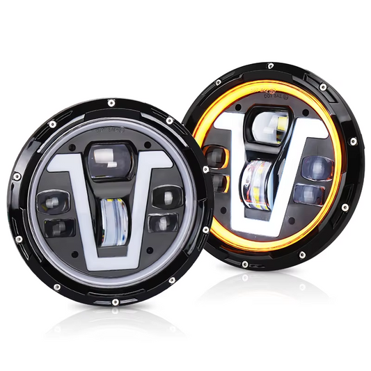 OVOVS 7 Inch V Shape White DRL LED Headlights with Amber Turn Signal For Jeep Wrangler JK TJ CJ LJ