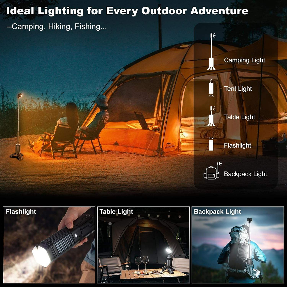 OVOVS Outdoor Telescopic Camping Lantern Dimmable Light with Stepless Color Temperature 180° Rotatable for Camping Hiking