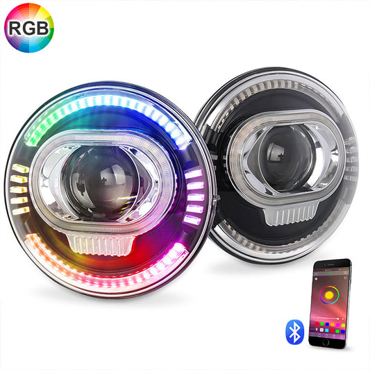 OVOVS 7 Inch LED RGB Headlight With High Low Beam DRL Turn Signal Bluetooth Control For Jeep Wrangler JK