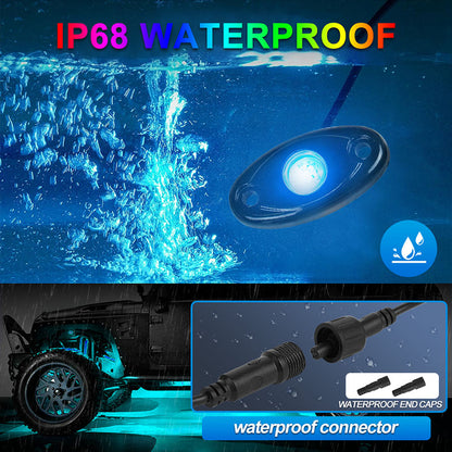 OVOVS 4 Pods Multicolor Rock Lights with Bluetooth APP Control RGB for Truck UTV SUV ATV