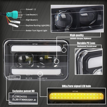 OVOVS 4x6 Led Headlights with Hi/Low Beam White DRL Amber Turn Signal Light
