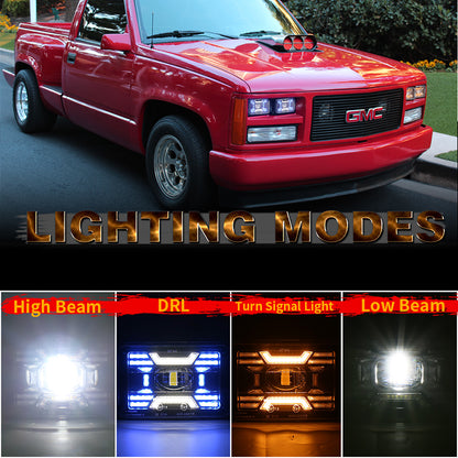 OVOVS 4x6 Inch LED Square Headlight With White/Blue DRL Amber Turn Signal High/Lo Beam