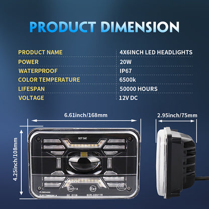 OVOVS 4x6 Inch LED Square Headlight With White/Blue DRL Amber Turn Signal High/Lo Beam