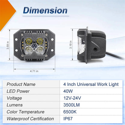 OVOVS Clear Lens Flush Mount Offroad Driving Work Lights with Solid Strobe Side Light