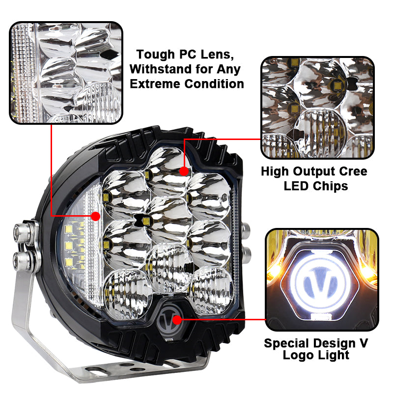 OVOVS 5 Inch Clear Lens Round LED Offroad Lights Amber DRL White Spotlight For Truck