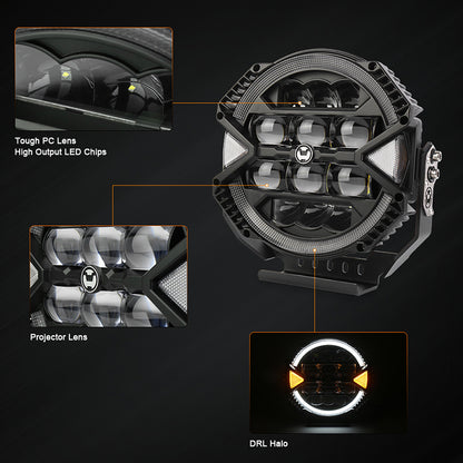 OVOVS 9 Inch LED Off Road Light 13000LM 148W High Low Beam Halo DRL Waterproof for Jeep SUV UTV Pickup