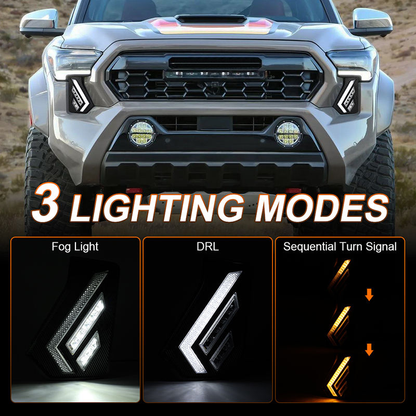 OVOVS Front Driving Light with White DRL Sequential Turn Signal Fog Daytime Running Light for 2024-2026 Toyota Tacoma Gen 4