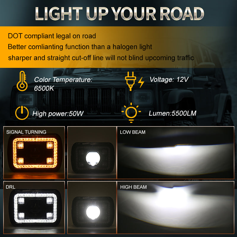 OVOVS 5x7 7x6 Inch Led Headlights with DRL Turn Signal High/Low Beam For Jeep YJ XJ