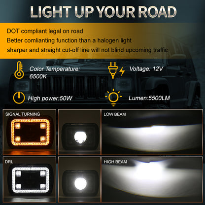 OVOVS 5x7 7x6 Inch Led Headlights with DRL Turn Signal High/Low Beam For Jeep YJ XJ