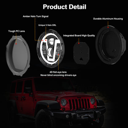 OVOVS 7 Inch V Shape White DRL LED Headlights with Amber Turn Signal For Jeep Wrangler JK TJ CJ LJ