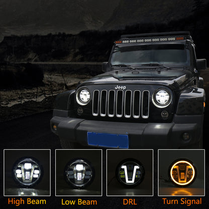OVOVS 7 Inch V Shape White DRL LED Headlights with Amber Turn Signal For Jeep Wrangler JK TJ CJ LJ